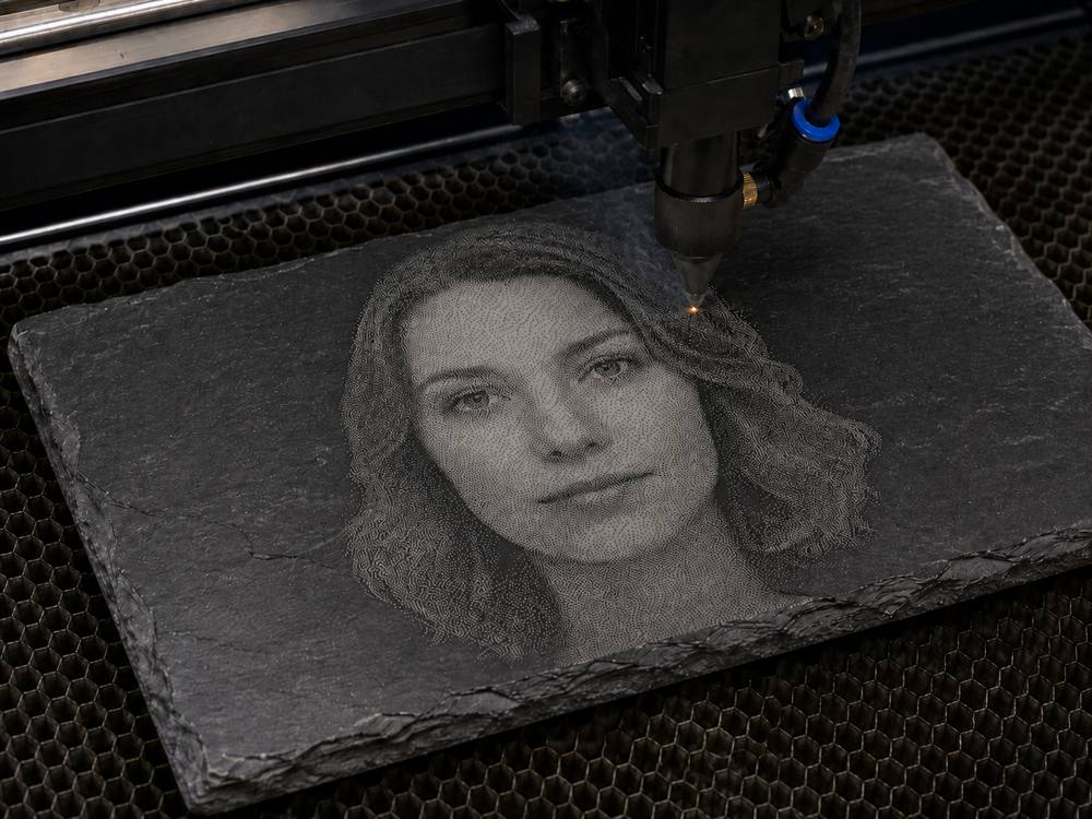Photo portrait engraved on slate from a converted DXF file